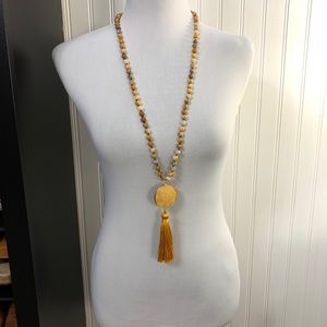 34 Inch Long Beaded Necklace Gold Yellow Tassel